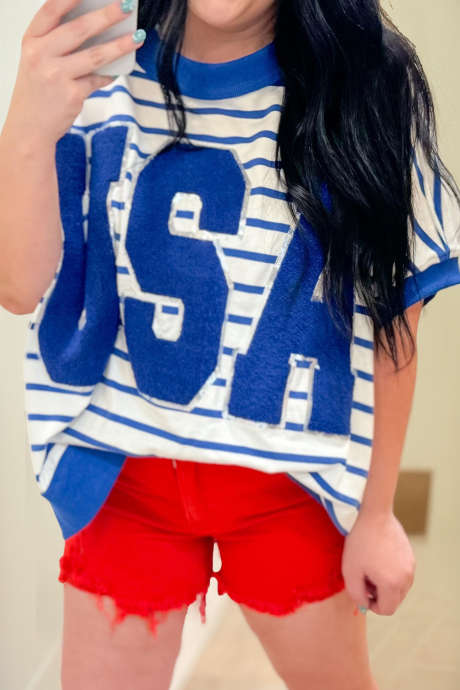 Blue Stripe USA Patched Plus Size Graphic Tee