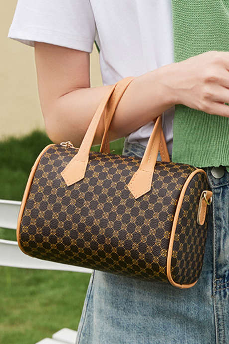 Coffee Retro Geometric Print Portable Shoulder Strap PU Leather Bag
