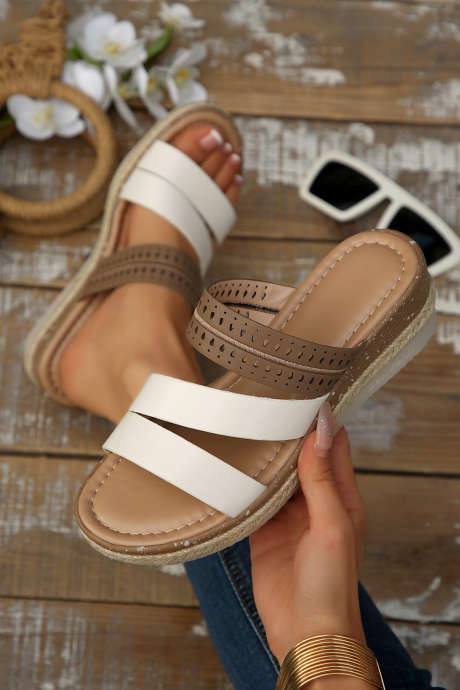 Coffee Hollowed Detail Color Block Straps Platform Wedge Slippers BH024237-P1017