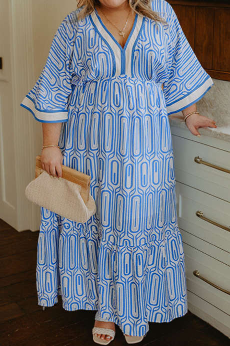 Taivaansininen plus-kokoinen geometrinen kuviollinen kontrastireunainen V-aukkoinen rannekoruhihainen pitkä mekko