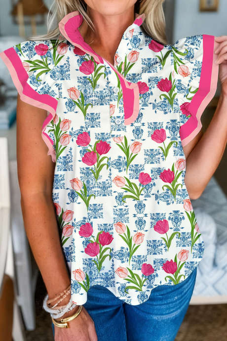 Rose Floral Print Color Block Striped Trim Flutter Sleeve Half Button Blouse