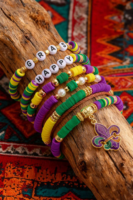 Ensemble de 6 bracelets multicouches dorés HAPPY GRAS Fleur de Lys BH014704-P12