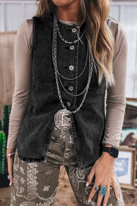 Zwart denim vest met knoopsluiting en split aan de voorkant