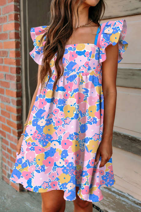 Monivärinen kukkakuvioinen, liehuhihainen, raidallinen reunus, neliönmuotoinen kaula-aukkoinen löysä minimekko