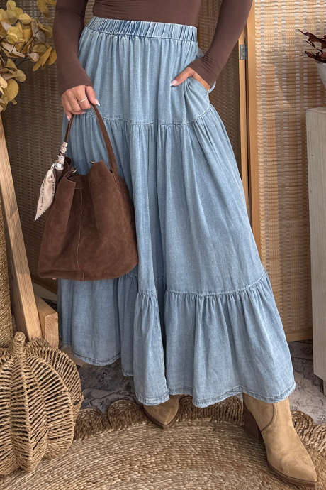 Beau Blå Maxikjol med Volang och Elastisk Midja