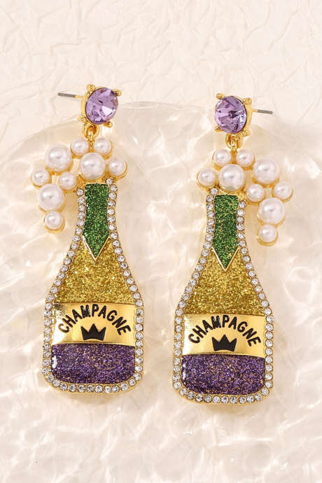 Złote kolczyki z perłami i kryształkami w kolorze szampana z motywem Mardi Gras