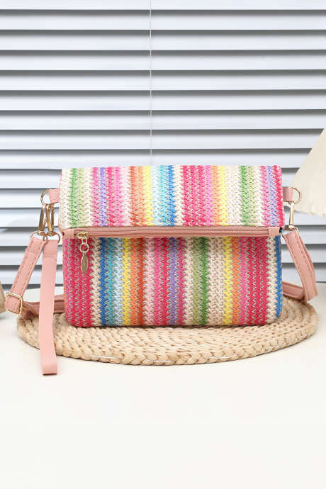 Pink Striped Straw Woven Zip Folded Magnetic Button Shoulder Bag