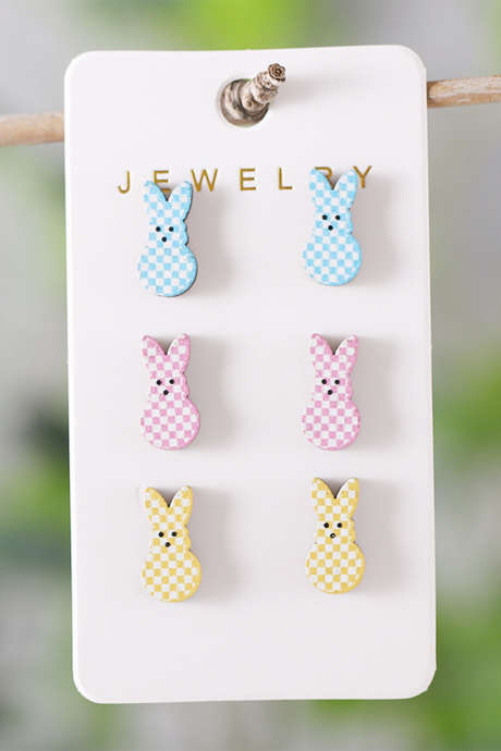 Pink 3 Pairs Different Color Plaid Easter Bunny Earrings BH014798-P10