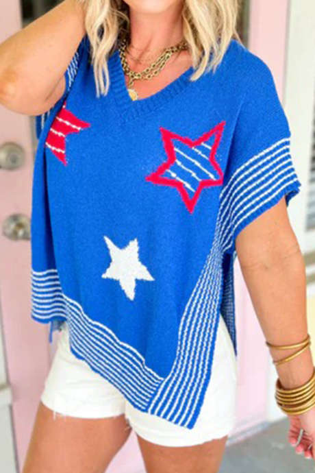 Dark Blue Independence Day Stars and Stripes Knit V Neck Side Slit Sweater