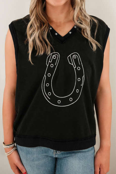 Black Horseshoe Embroidered Star Trim V Neck Loose Tank Top