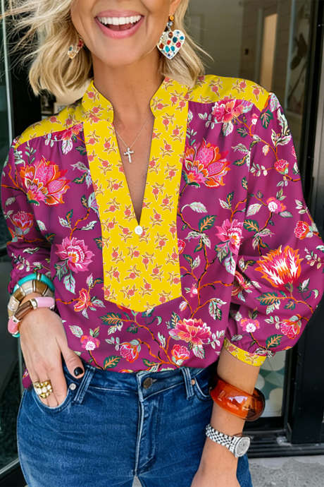 Rose Contrast Placket Split V Neck Floral Blouse LC25136014-P620