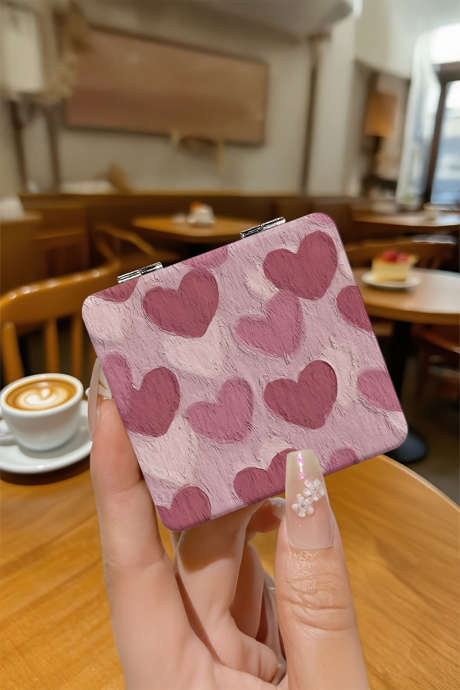 Ljusrosa hjärttryckt dubbelsidig hopfällbar bärbar fyrkantig minispegel