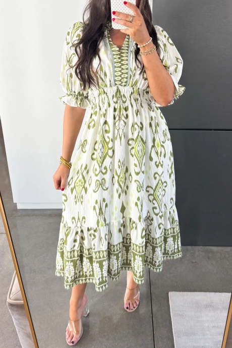 Green Boho Print Contrast Trim V Neck Short Puff Sleeve Dress