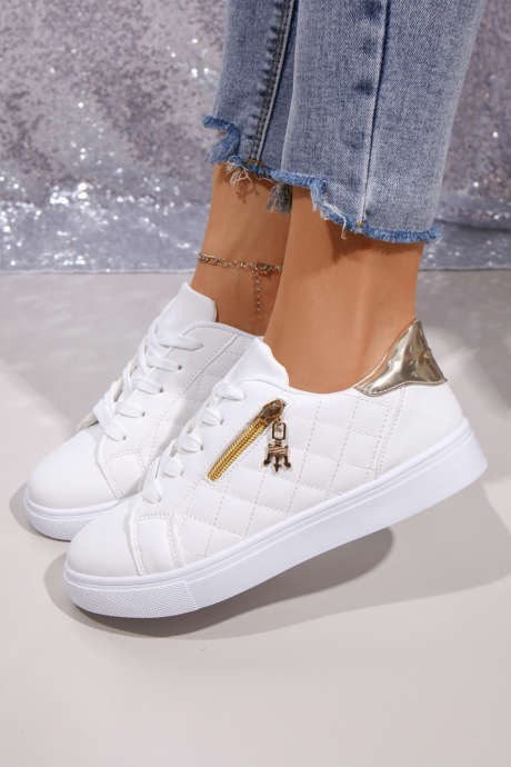 White Quilted PU Leather Zip Metallic Detail Lace-up Shoes