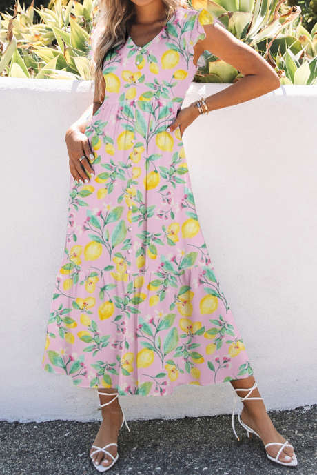 Pink Ruffled Sleeve V Neck Lemon Fruit Printed Maxi Dress