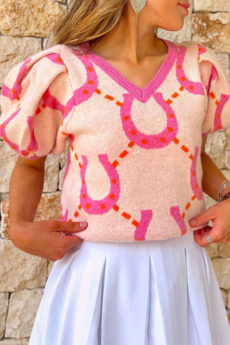 Pink Playful Horseshoe Printed V Neck Short Bubble Sleeve Sweater
