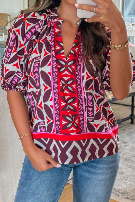 Rose Geometric Floral Print Short Puff Sleeve V Neck Blouse
