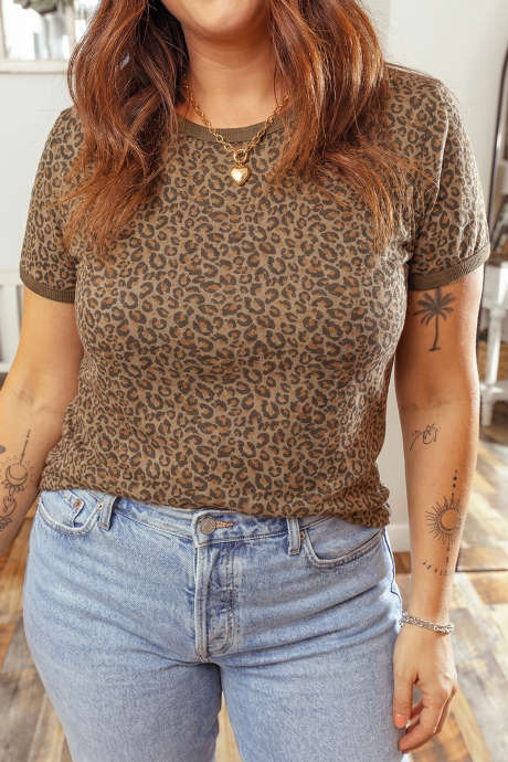 Kaki majica z okroglim izrezom in leopardjim potiskom, velikosti Plus Size