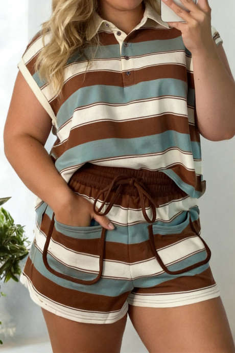 Koszulka polo w białe paski plus size, szorty ze ściągaczem i kieszeniami, 2 szt.