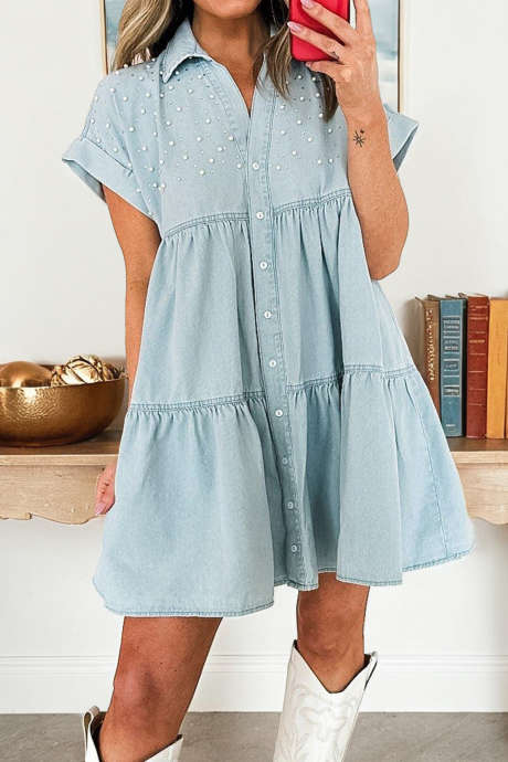 Myosotis Pearl Embellished Shirt Style Loose Denim Tiered Mini Dress