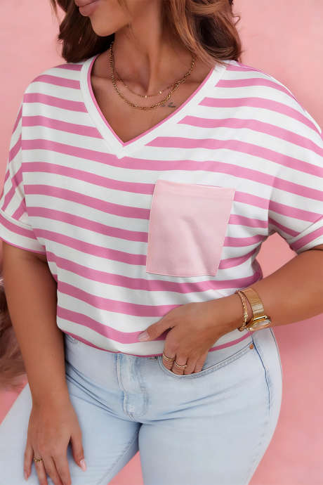 Pink Stripe Colorblock Patched Pocket V Neck Plus Size Tee
