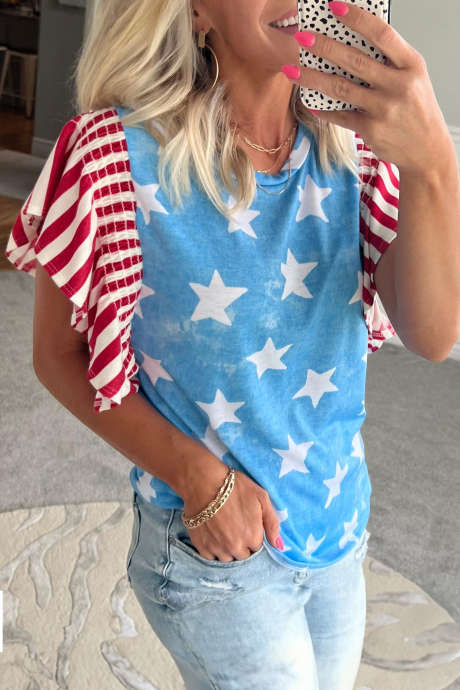 Sky Blue Vintage Star Print Striped Ruffle Sleeve Independence Day Top