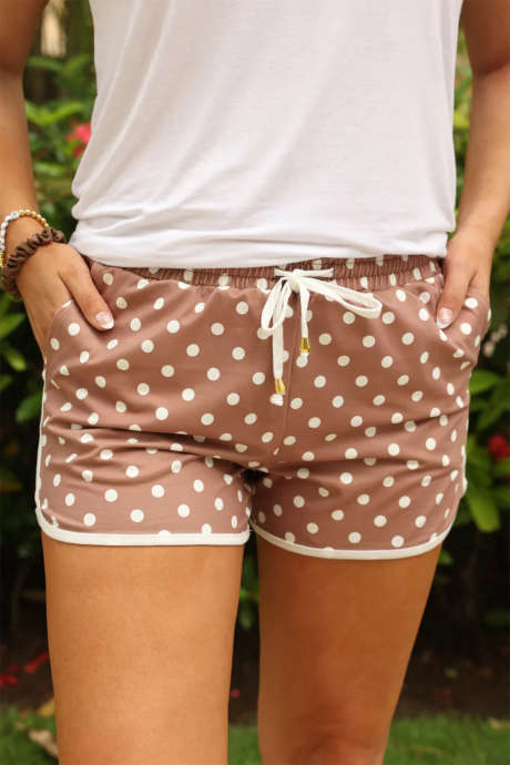 Khaki Polka Dot Print Contrast Trim Drawstring Shorts