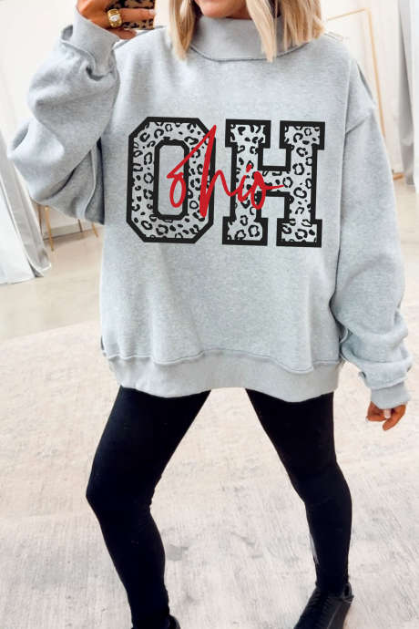 Jasnoszara bluza z nadrukiem dwustronnym OHIO z golfem i dwustronnym nadrukiem