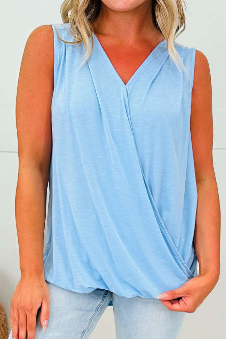 Mist Blue Solid Color V Neck Faux Wrap Drape Tank Top