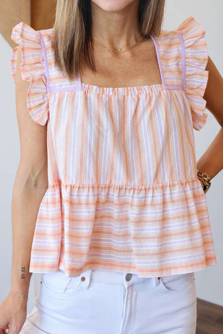Orange Stripe Square Neck Contrast Ruffle Trim Babydoll Tank Top