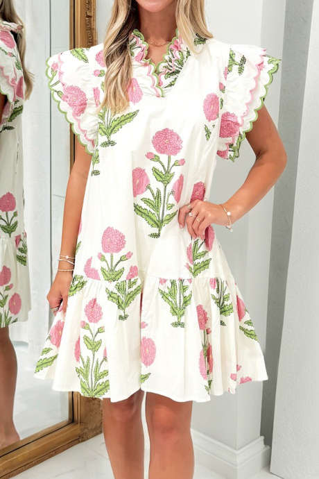 White Wild Floral Print Scalloped Embroidery Trim V Neck Drop Waist Mini Dress