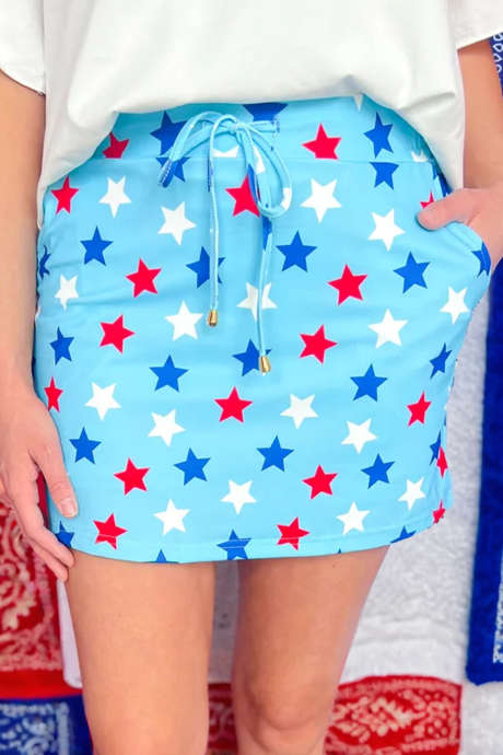 Sky Blue Patriotic Star Printed Beaded Drawstring Mini Skort