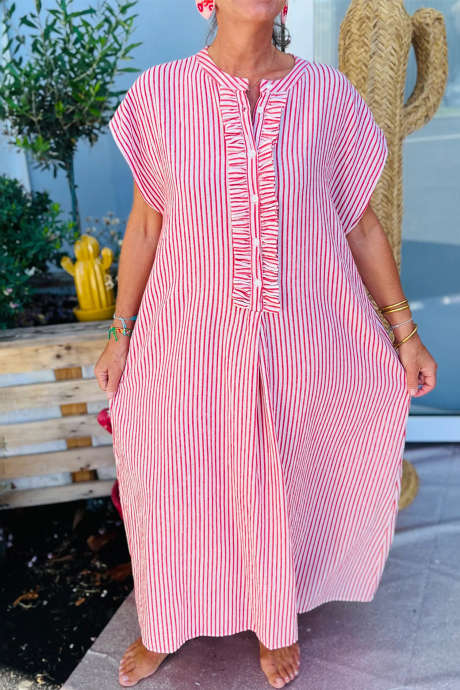 Red Stripe Frilled Detail Half Buttons Short Sleeve Long Dress LC6128209-P319