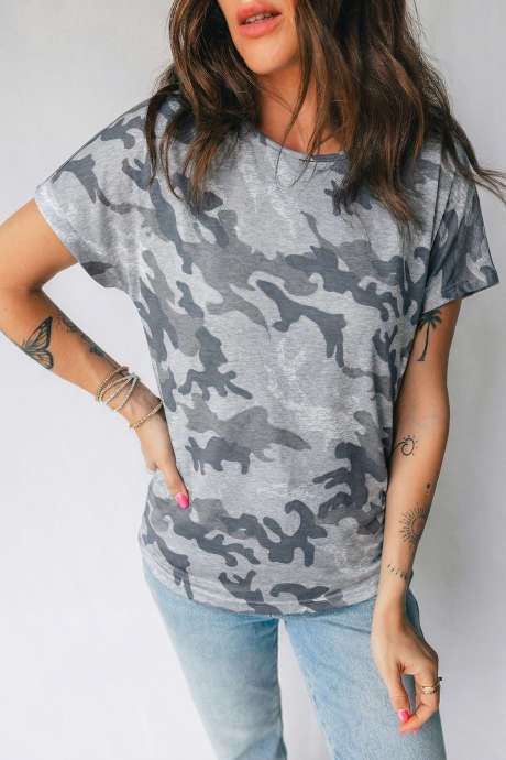 Gray Camouflage Print Round Neck T Shirt