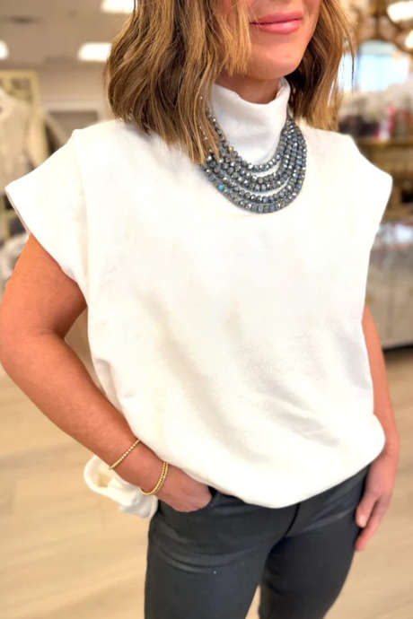 White Solid Color High Neck Cap Sleeve Loose Top