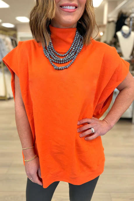 Orange Solid Color High Neck Cap Sleeve Loose Top