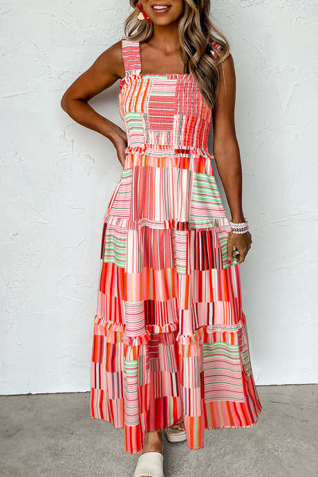 Carrot Mix Striped Wide Straps Smocked Tiered Maxi Dress LC6119022-P1014