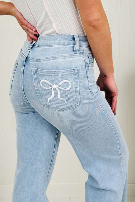 Beau Blue Bow Embroidered Hip Pocket Tummy Control Wide Leg Jeans