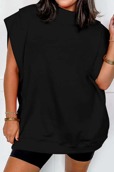 Black Solid Color High Neck Cap Sleeve Loose Top