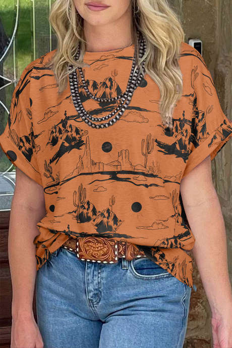 Chestnut Desert Sand Print Short Sleeve Knit Top LC25227653-P2017