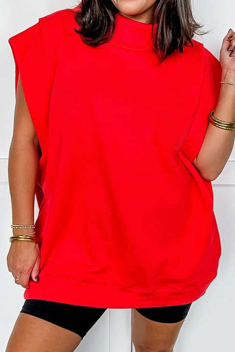 Racing Red Solid Color High Neck Cap Sleeve Loose Top