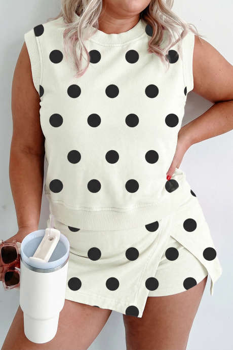 Ensemble 2 pièces débardeur et jupe fendue à pois blancs grande taille