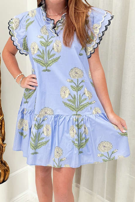 Sky Blue Wild Floral Print Scalloped Embroidery Trim V Neck Drop Waist Mini Dress