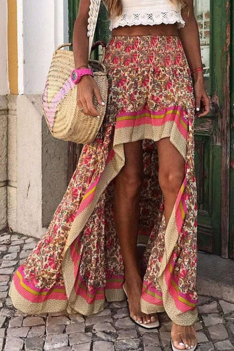 Rosa Boho Blommigt Mönster Rynkad Midja Kontrastkant Hög-låg Maxikjol