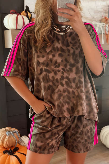 Brunt Kontrastrandigt Leopardprint Shorts Set