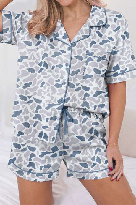 Beige Polka Dot/ Camouflage Print Lapel Shirt Drawstring 2pcs Short Pajama Set