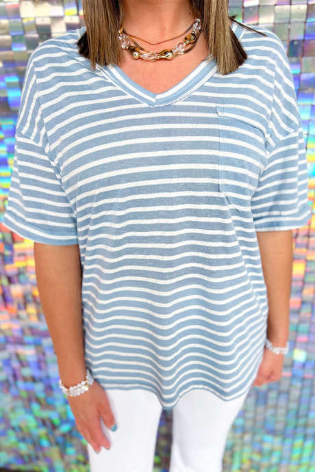 Sky Blue Stripe Plus Size V Neck Raw Seam Patch Pocket Loose Tee