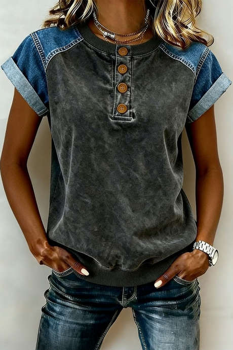 Carbon Grey Mineral Wash Color Block Denim Patchwork Henley Tee