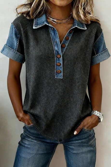 Carbon Grey Ribbed Color Block Denim Patchwork Short Sleeve Polo Top