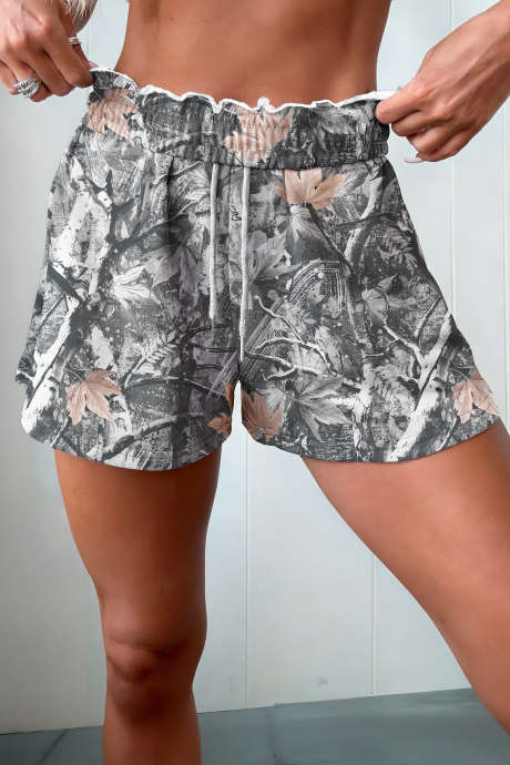 Grijze shorts met abstracte esdoornbladprint en elastische tailleband met strik.